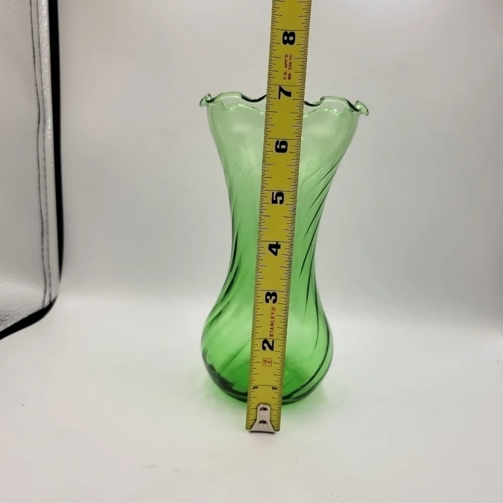 Vintage Green Glass Ruffled Edge Swirl Optic Vase